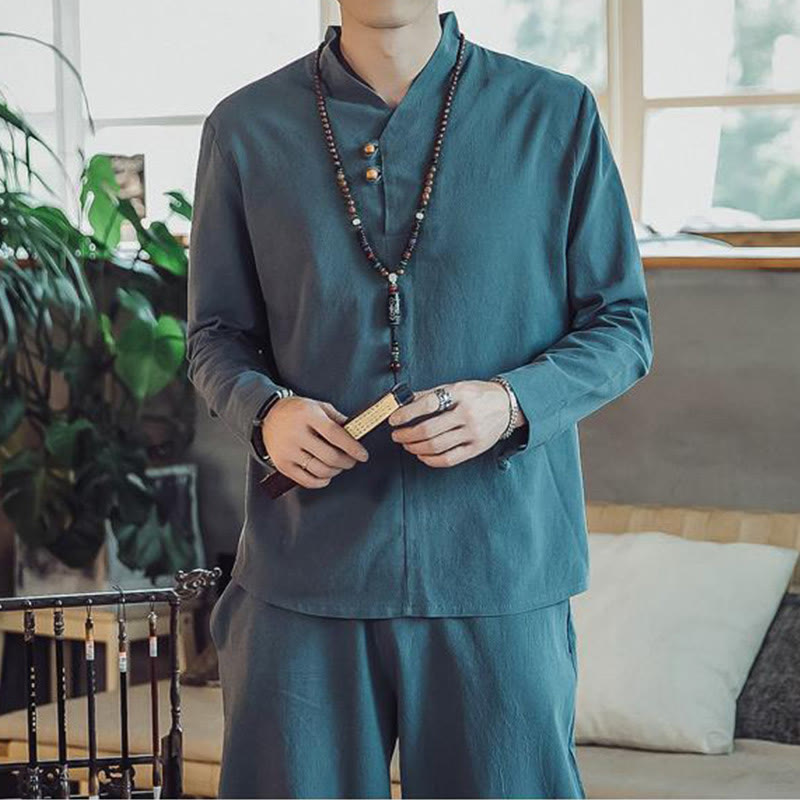 Buddha Stones 2Pcs Shirt Ankle-Length Pants With Pockets Men's Meditation Cloth Set - image 22