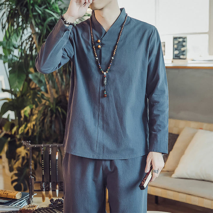 Buddha Stones 2Pcs Shirt Ankle-Length Pants With Pockets Men's Meditation Cloth Set - image 38