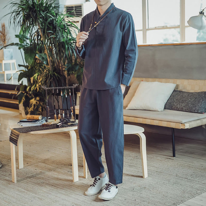 Buddha Stones 2Pcs Shirt Ankle-Length Pants With Pockets Men's Meditation Cloth Set - image 36