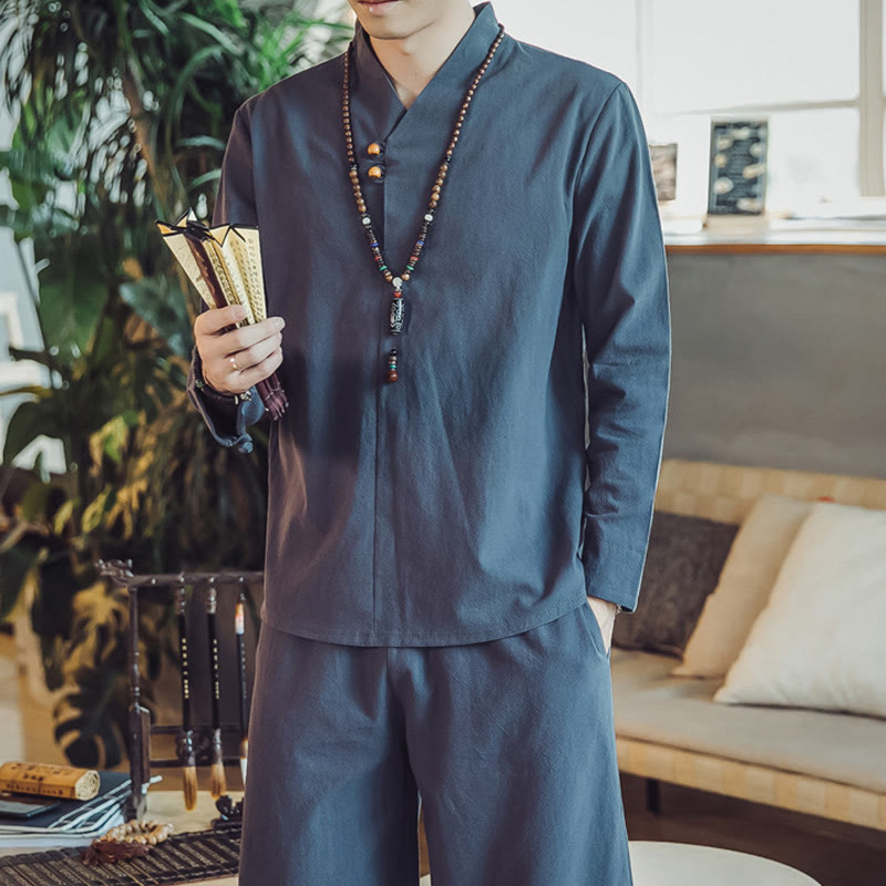 Buddha Stones 2Pcs Shirt Ankle-Length Pants With Pockets Men's Meditation Cloth Set - image 42