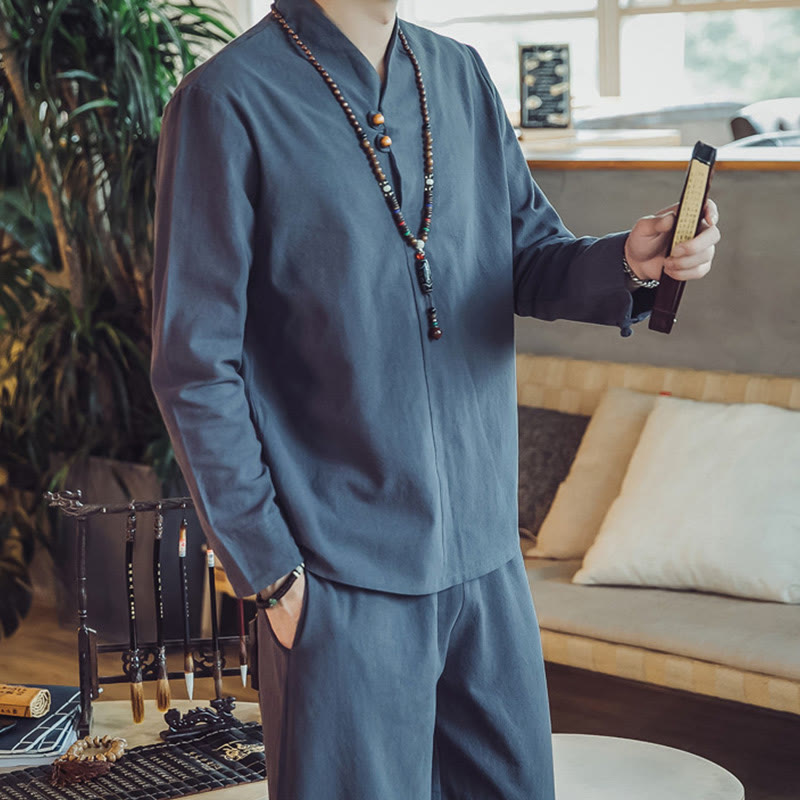 Buddha Stones 2Pcs Shirt Ankle-Length Pants With Pockets Men's Meditation Cloth Set - image 40