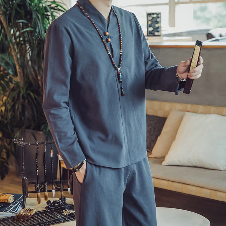 Buddha Stones 2Pcs Shirt Ankle-Length Pants With Pockets Men's Meditation Cloth Set - image 40