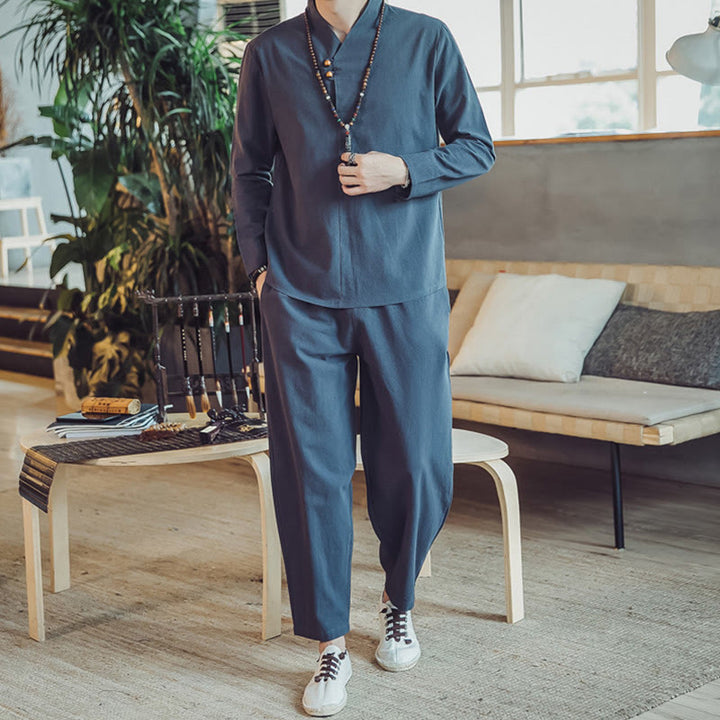 Buddha Stones 2Pcs Shirt Ankle-Length Pants With Pockets Men's Meditation Cloth Set - image 35