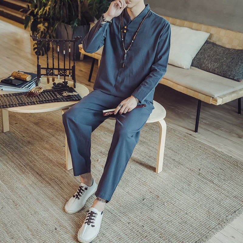 Buddha Stones 2Pcs Shirt Ankle-Length Pants With Pockets Men's Meditation Cloth Set - image 37