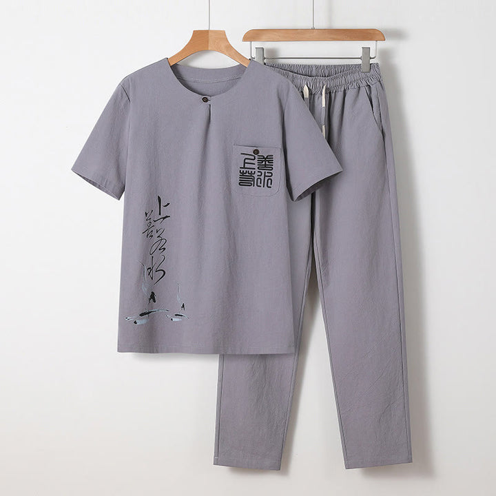 Buddha Stones 2Pcs Chinese Characters Crane Cotton Shirt Pants With Pockets Men's Meditation Cloth Set - LightGrey - US/UK/AU46，EU56 (5XL) - image 0