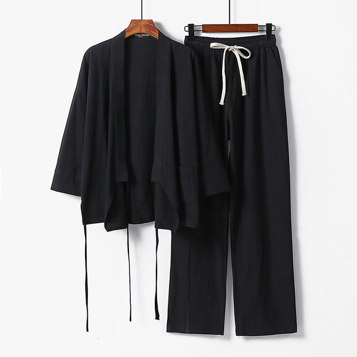 Buddha Stones 2Pcs Lace-up Cotton Kimono Pants With Pockets Men's Meditation Cloth Set - Black - US/UK/AU54，EU64 (9XL) - image 6