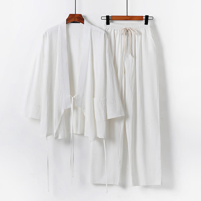 Buddha Stones 2Pcs Lace-up Cotton Kimono Pants With Pockets Men's Meditation Cloth Set - White - US/UK/AU54，EU64 (9XL) - image 1