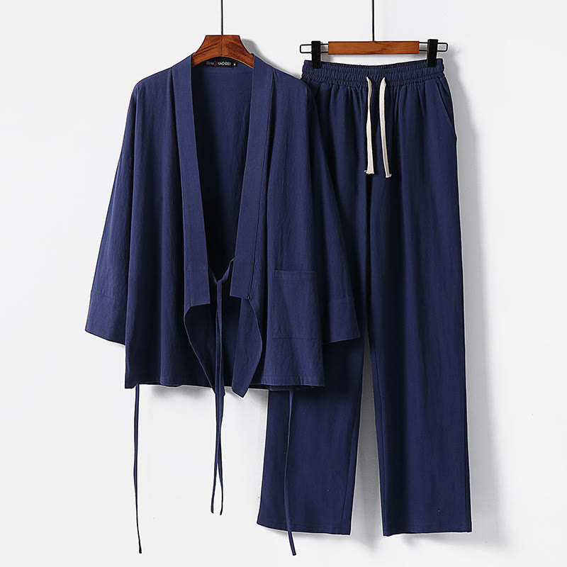 Buddha Stones 2Pcs Lace-up Cotton Linen Kimono Pants With Pockets Men's Meditation Cloth Set - SteelBlue - US/UK/AU54，EU64 (9XL) - image 11
