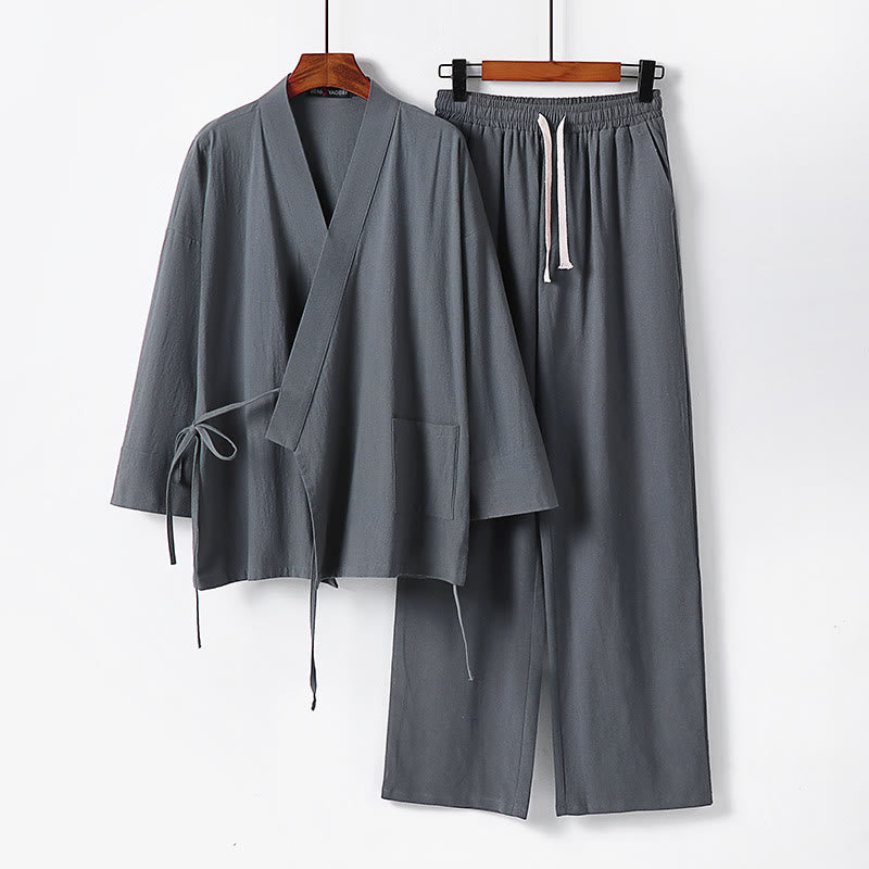 Buddha Stones 2Pcs Lace-up Cotton Linen Kimono Pants With Pockets Men's Meditation Cloth Set - Gray - US/UK/AU54，EU64 (9XL) - image 0