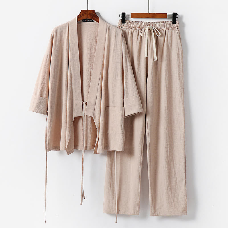 Buddha Stones 2Pcs Lace-up Cotton Linen Kimono Pants With Pockets Men's Meditation Cloth Set - Wheat - US/UK/AU54，EU64 (9XL) - image 9