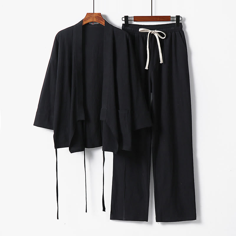 Buddha Stones 2Pcs Lace-up Cotton Linen Kimono Pants With Pockets Men's Meditation Cloth Set - Black - US/UK/AU54，EU64 (9XL) - image 6