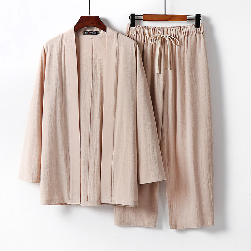 Buddha Stones 2Pcs Cotton Kimono Ankle-Length Pants Men's Meditation Cloth Set - Wheat - US/UK/AU54，EU64 (9XL) - image 9