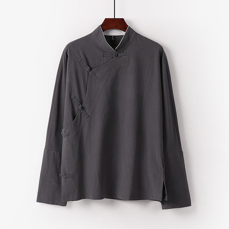 Buddha Stones Vintage Plain Chinese Frog-Button Cotton Long Sleeve Men's Shirt - LightGrey - US/UK/AU50，EU60 (7XL) - image 2