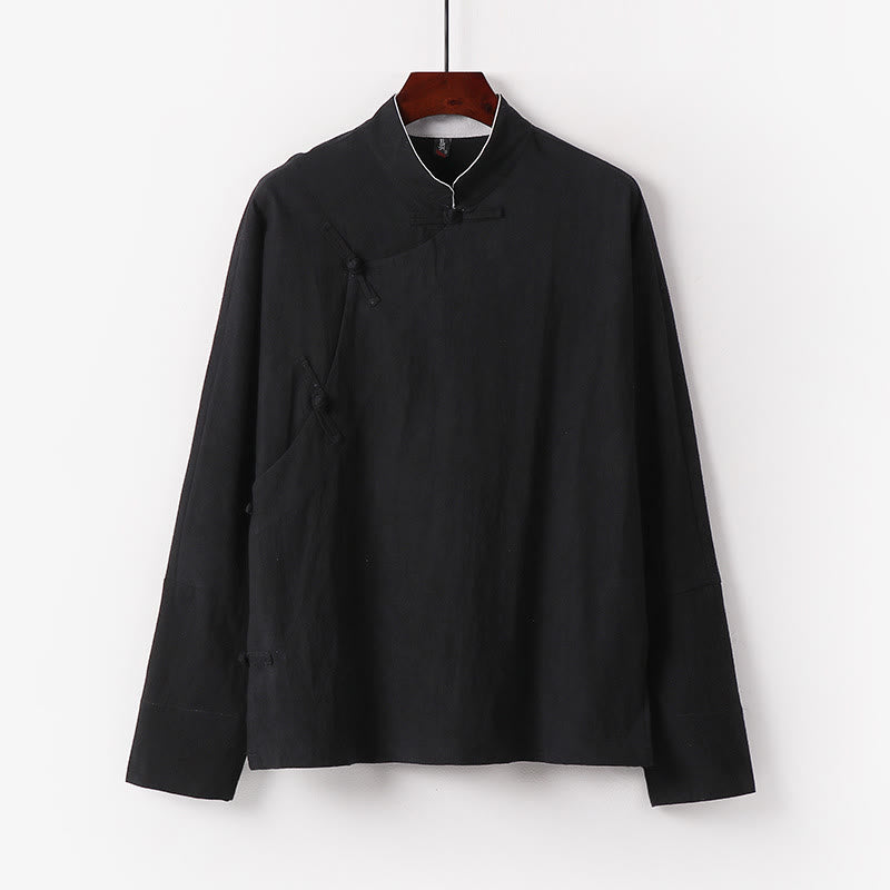 Buddha Stones Vintage Plain Chinese Frog-Button Cotton Long Sleeve Men's Shirt - Black - US/UK/AU50，EU60 (7XL) - image 3