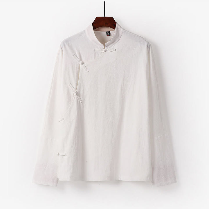 Buddha Stones Vintage Plain Chinese Frog-Button Cotton Long Sleeve Men's Shirt - White - US/UK/AU50，EU60 (7XL) - image 1