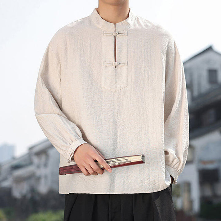 Buddha Stones Two Frog-Button Stand Collar Long Sleeve Men's Cotton Shirt - image 18