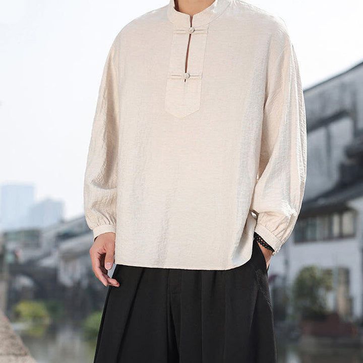 Buddha Stones Two Frog-Button Stand Collar Long Sleeve Men's Cotton Shirt - image 16