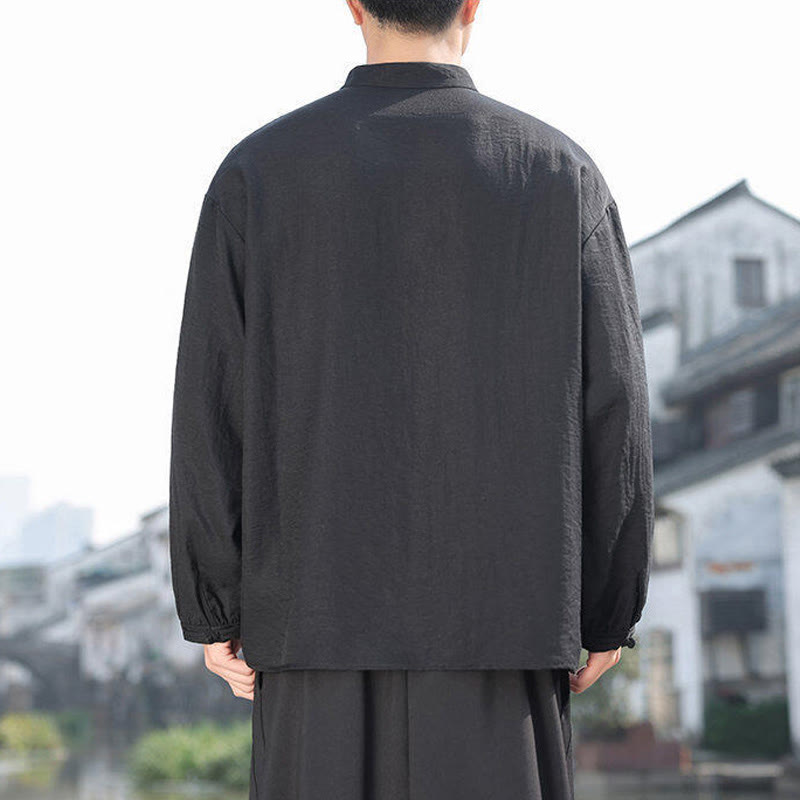 Buddha Stones Two Frog-Button Stand Collar Long Sleeve Men's Cotton Shirt - image 2