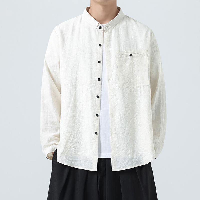 Buddha Stones Vintage Plain Buttons Down Stand Collar Long Sleeve Men's Cotton Shirt - White - US/UK/AU48，EU58(5XL) - image 0