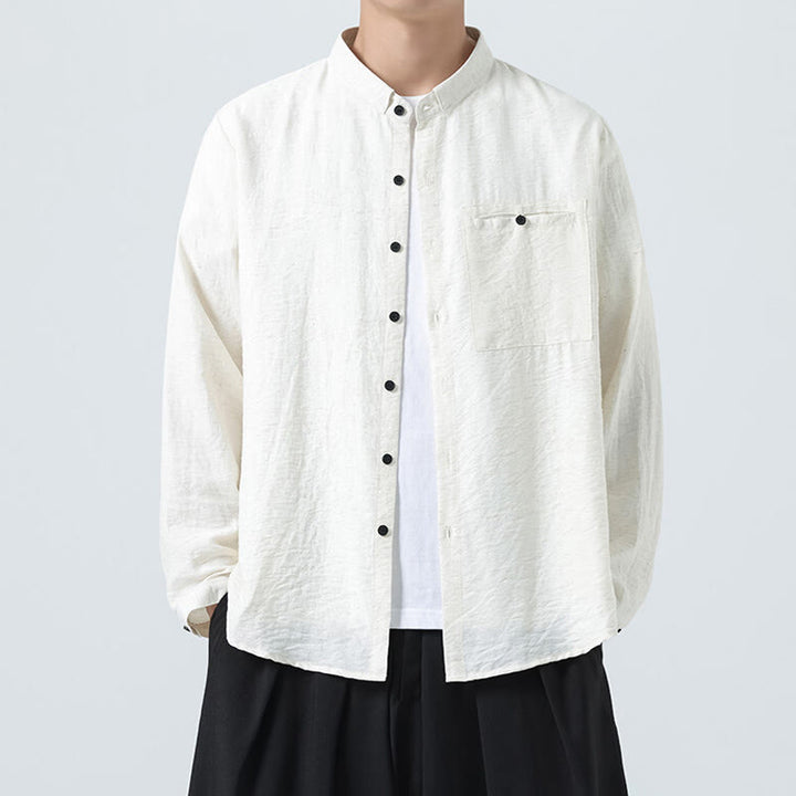 Buddha Stones Vintage Plain Buttons Down Stand Collar Long Sleeve Men's Cotton Shirt - White - US/UK/AU48，EU58(5XL) - image 0