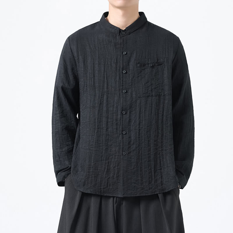 Buddha Stones Vintage Plain Buttons Down Stand Collar Long Sleeve Men's Cotton Shirt - Black - US/UK/AU48，EU58(5XL) - image 9