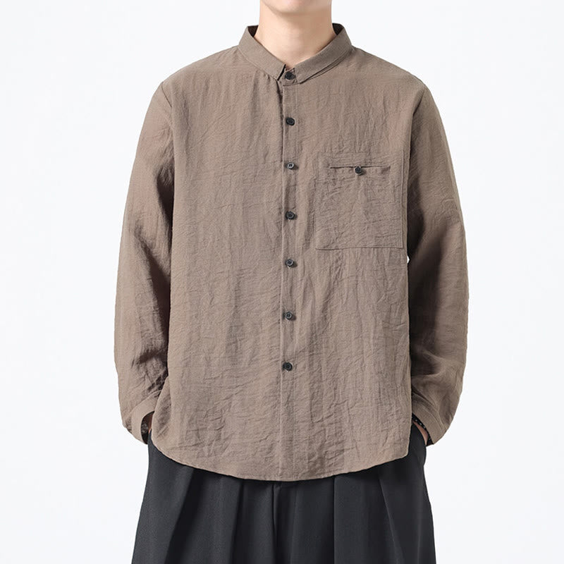 Buddha Stones Vintage Plain Buttons Down Stand Collar Long Sleeve Men's Cotton Shirt - Tan - US/UK/AU48，EU58(5XL) - image 15
