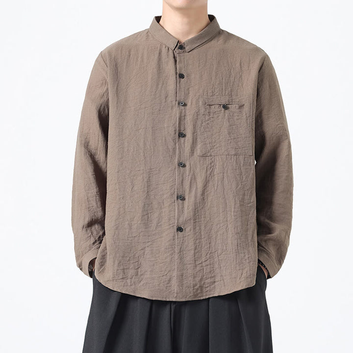Buddha Stones Vintage Plain Buttons Down Stand Collar Long Sleeve Men's Cotton Shirt - Tan - US/UK/AU48，EU58(5XL) - image 15
