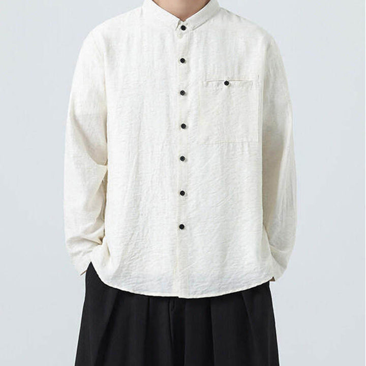 Buddha Stones Vintage Plain Buttons Down Stand Collar Long Sleeve Men's Cotton Shirt - image 6