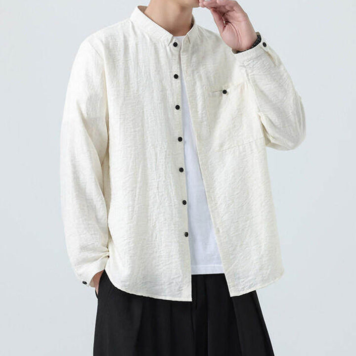 Buddha Stones Vintage Plain Buttons Down Stand Collar Long Sleeve Men's Cotton Shirt - image 1