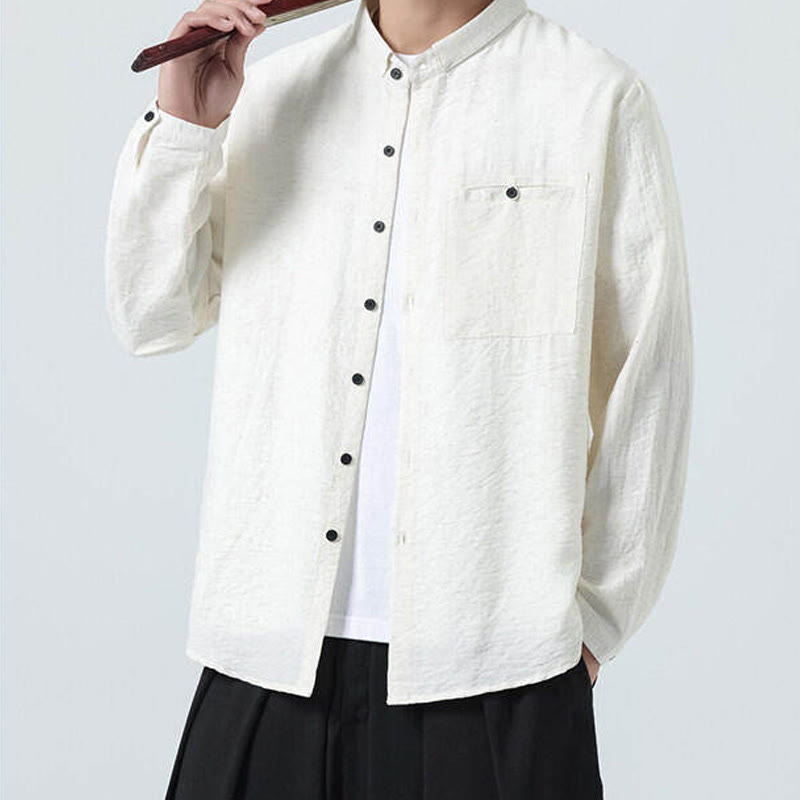 Buddha Stones Vintage Plain Buttons Down Stand Collar Long Sleeve Men's Cotton Shirt - image 3