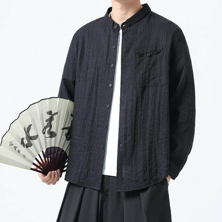 Buddha Stones Vintage Plain Buttons Down Stand Collar Long Sleeve Men's Cotton Shirt - image 13