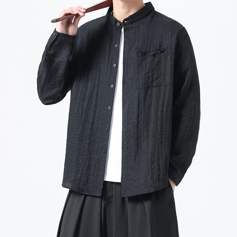 Buddha Stones Vintage Plain Buttons Down Stand Collar Long Sleeve Men's Cotton Shirt - image 14