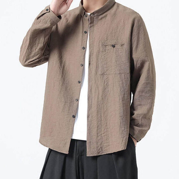 Buddha Stones Vintage Plain Buttons Down Stand Collar Long Sleeve Men's Cotton Shirt - image 19