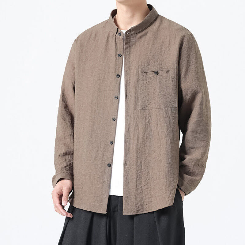 Buddha Stones Vintage Plain Buttons Down Stand Collar Long Sleeve Men's Cotton Shirt - image 20