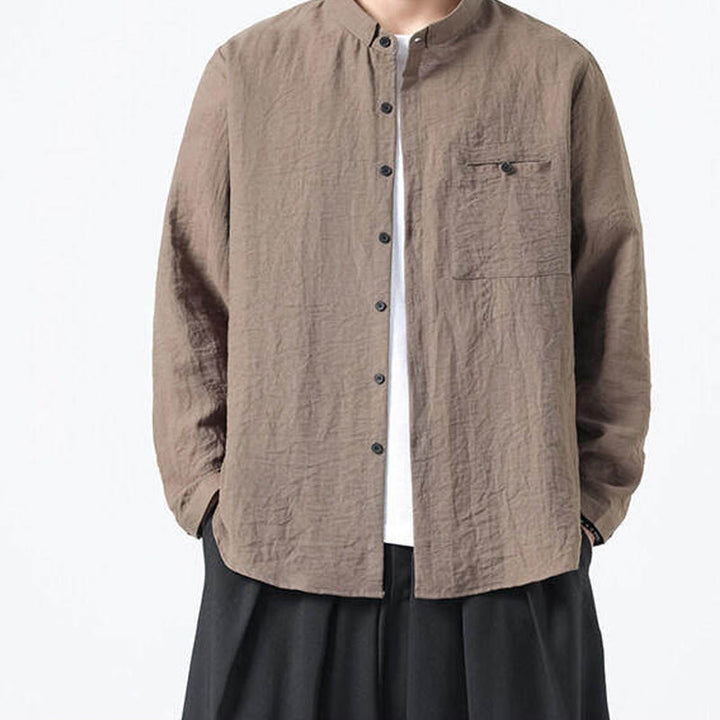 Buddha Stones Vintage Plain Buttons Down Stand Collar Long Sleeve Men's Cotton Shirt - image 18