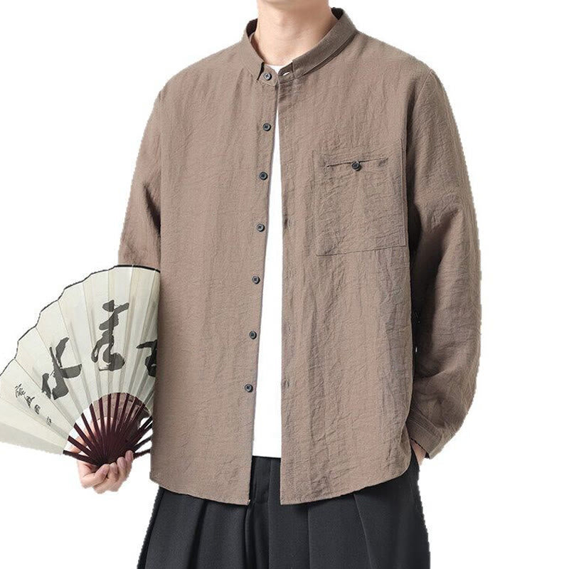 Buddha Stones Vintage Plain Buttons Down Stand Collar Long Sleeve Men's Cotton Shirt - image 16