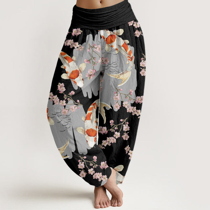 Buddha Stones Cotton Casual Koi Fish Cherry Blossom Pattern Women's Elastic Waist Harem Pants - Black - US22，UK/AU26，EU54 (6XL) - image 4