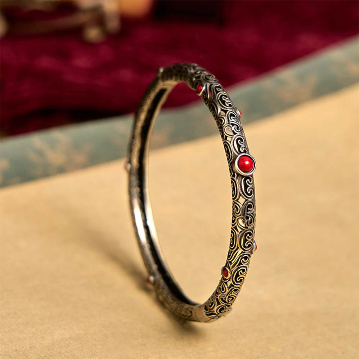 Vintage Tang Dynasty Flower Design Engraved Red Agate Copper Luck Bracelet Bangle - Tang Dynasty Flower Design(Luck♥Vibrant) - image 0