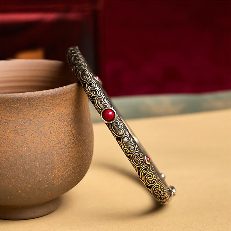 Vintage Tang Dynasty Flower Design Engraved Red Agate Copper Luck Bracelet Bangle - image 1