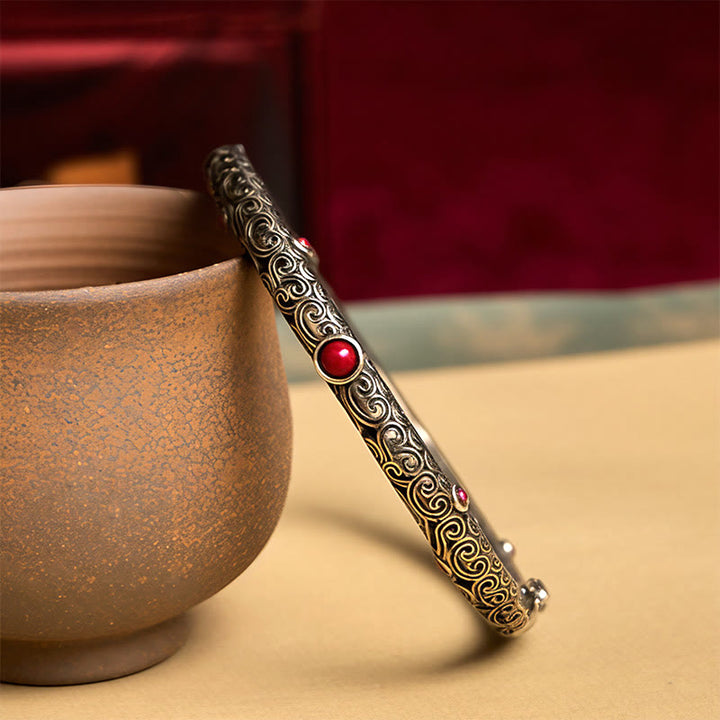 Vintage Tang Dynasty Flower Design Engraved Red Agate Copper Luck Bracelet Bangle - image 1