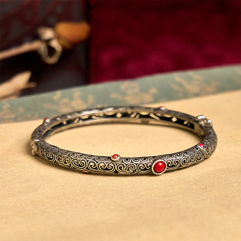 Vintage Tang Dynasty Flower Design Engraved Red Agate Copper Luck Bracelet Bangle - image 2