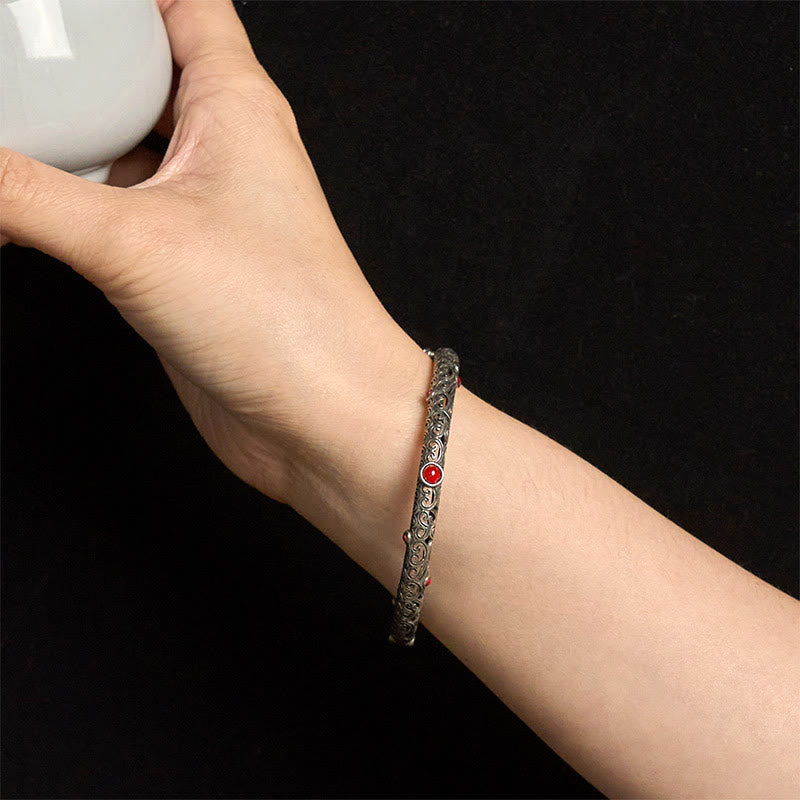 Vintage Tang Dynasty Flower Design Engraved Red Agate Copper Luck Bracelet Bangle - image 16