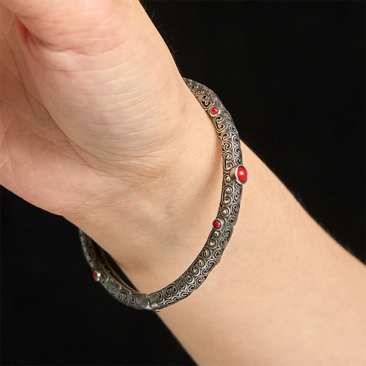 Vintage Tang Dynasty Flower Design Engraved Red Agate Copper Luck Bracelet Bangle - image 15