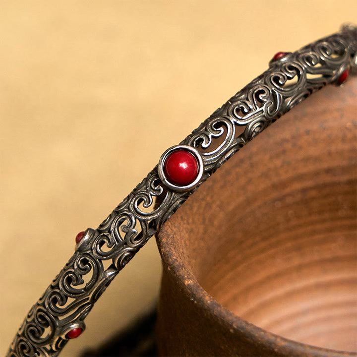 Vintage Tang Dynasty Flower Design Engraved Red Agate Copper Luck Bracelet Bangle - image 11
