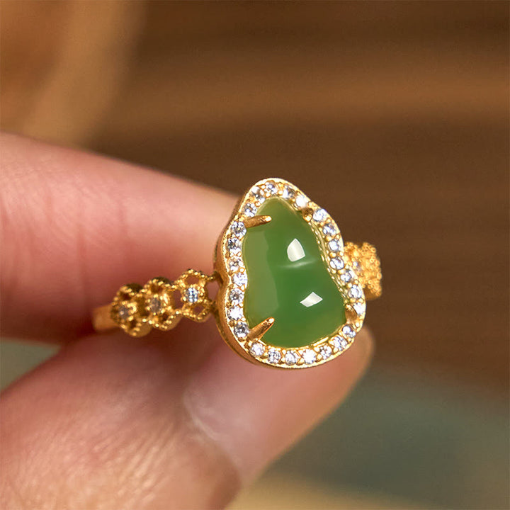 Buddha Stones Vintage Gourd Green Chalcedony Copper Plated Gold Adjustable Wealth Ring - image 8