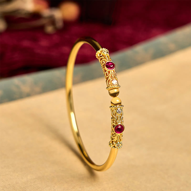 Buddha Stones Golden Flower Pattern Red Zircon Amber Copper Luck Cuff Bracelet Bangle - 60mm - image 0