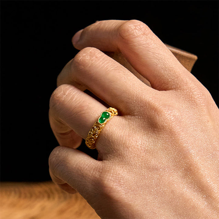 Buddha Stones Vintage Gourd Green Chalcedony Copper Alloy Wealth Ring - image 16