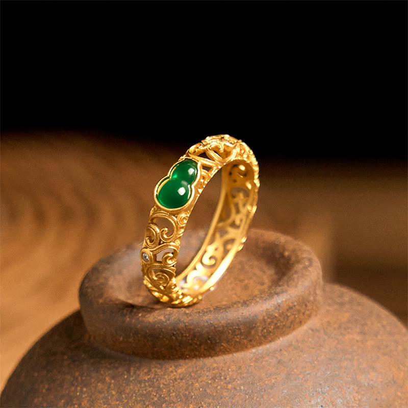 Buddha Stones Vintage Gourd Green Chalcedony Copper Alloy Wealth Ring - US8 - image 0