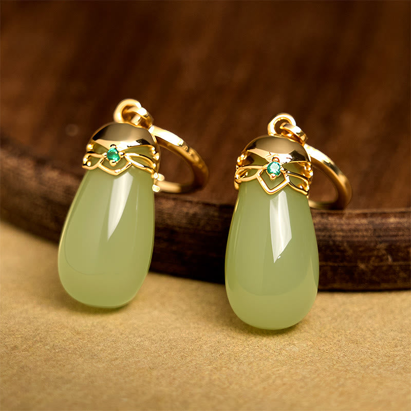 Buddha Stones Green Chalcedony Water Drop Strength Copper Posts Earrings - image 4