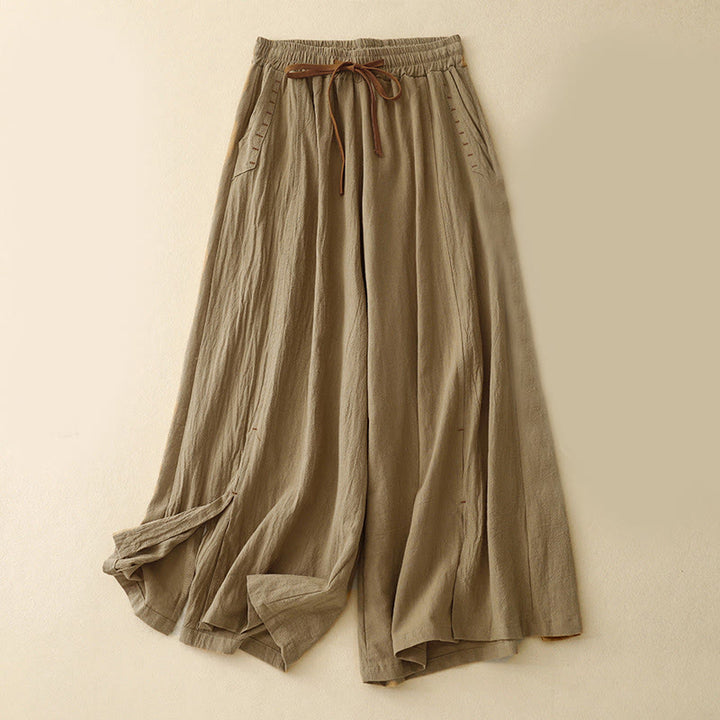Buddha Stones Casual Side Slits Design Cotton Women's Wide Leg 7-8 Length Pants With Pockets - DarkGoldenrod - US8-10，UK/AU12-14，EU40-42 (2XL) - image 0